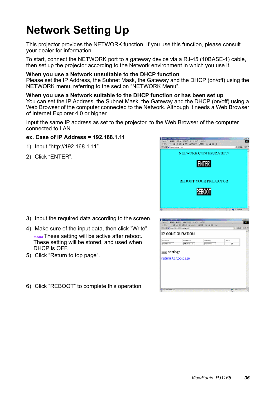 Network setting up | VIEWSONIC PJ1165 User Manual | Page 37 / 52