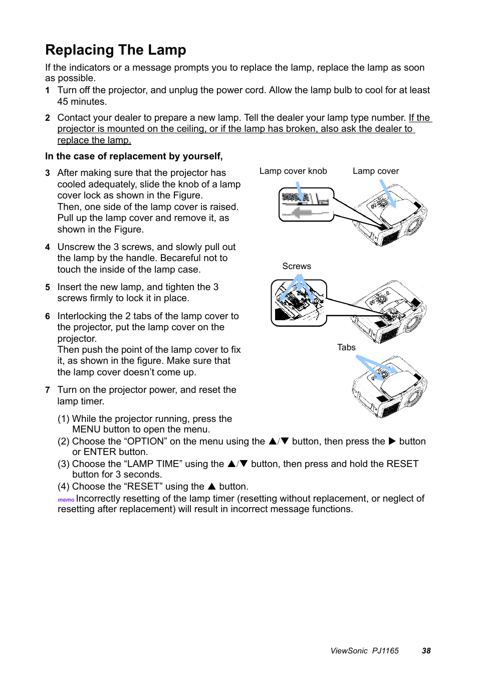 Replacing the lamp | VIEWSONIC PJ1165 User Manual | Page 39 / 52