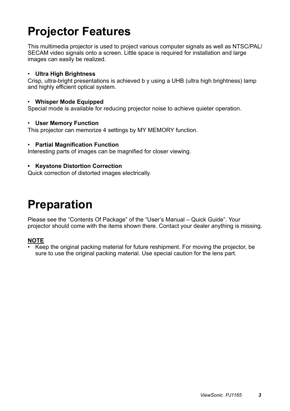 Projector features, Preparation | VIEWSONIC PJ1165 User Manual | Page 4 / 52