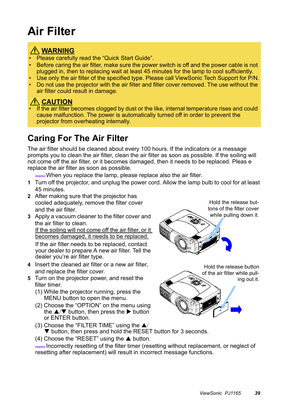 Air filter, Caring for the air filter | VIEWSONIC PJ1165 User Manual | Page 40 / 52