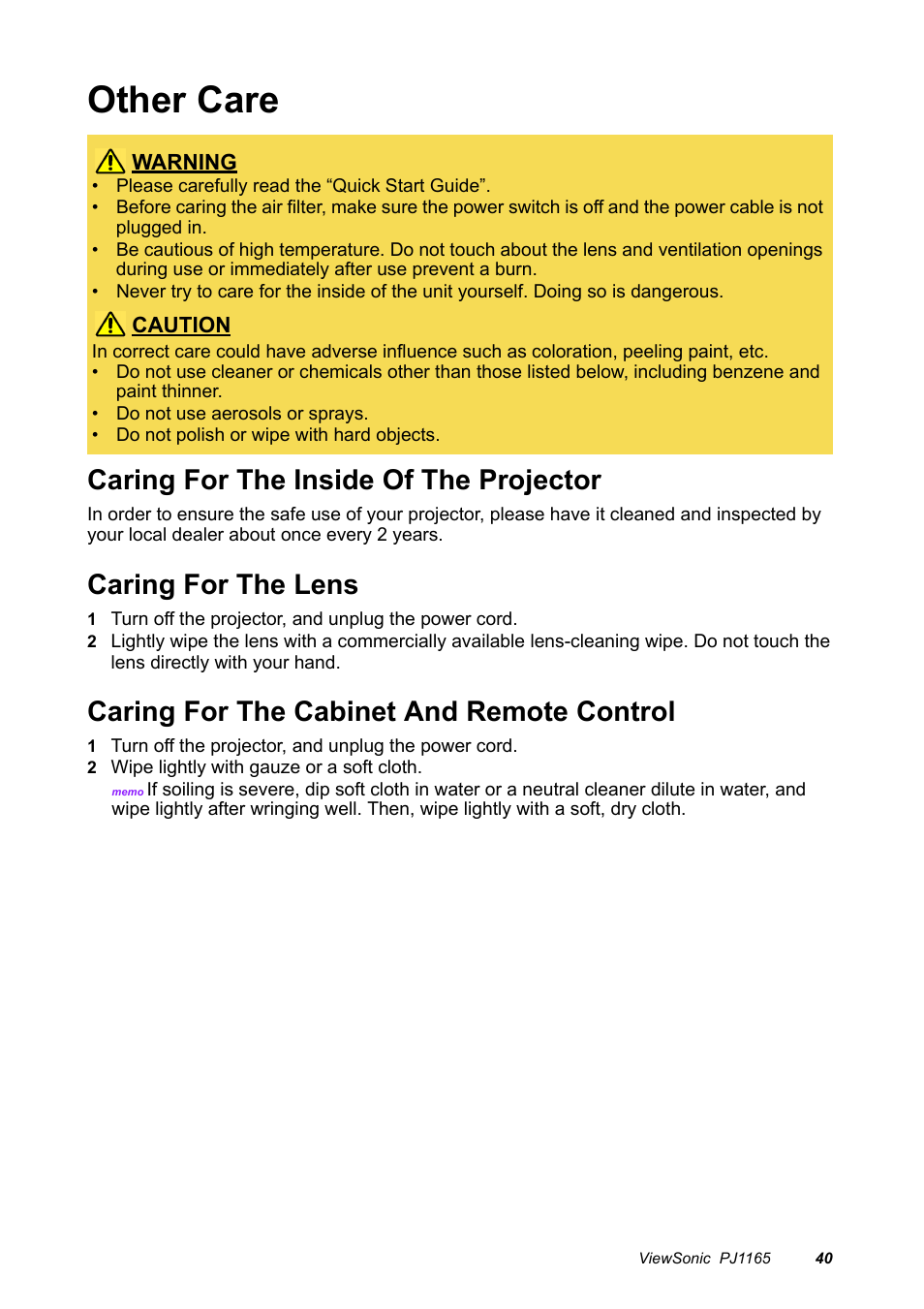 Other care, Caring for the inside of the projector, Caring for the lens | Caring for the cabinet and remote control | VIEWSONIC PJ1165 User Manual | Page 41 / 52