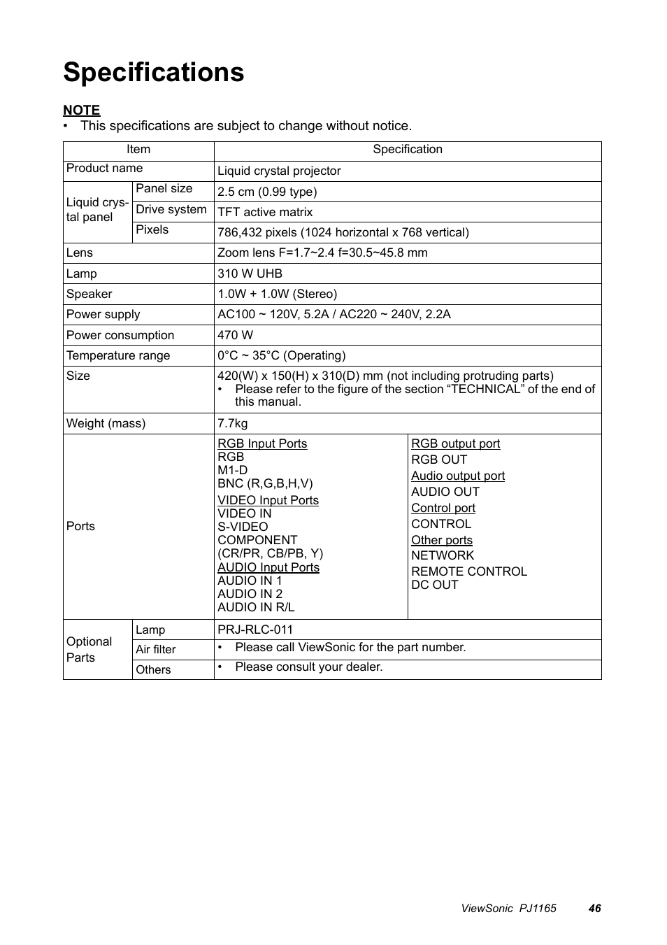 Specifications | VIEWSONIC PJ1165 User Manual | Page 47 / 52