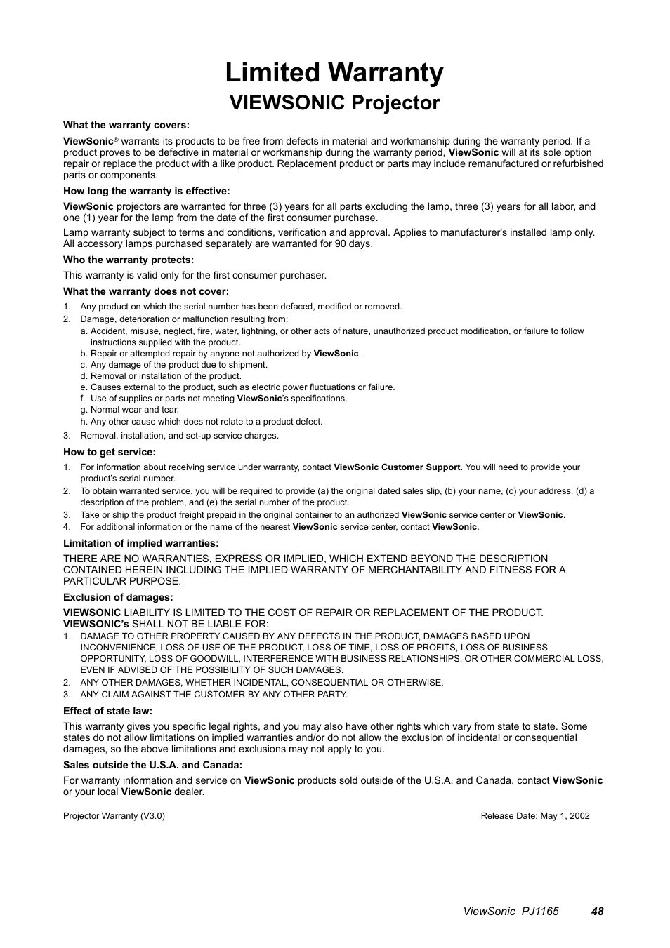 Limited warranty, Viewsonic projector | VIEWSONIC PJ1165 User Manual | Page 49 / 52