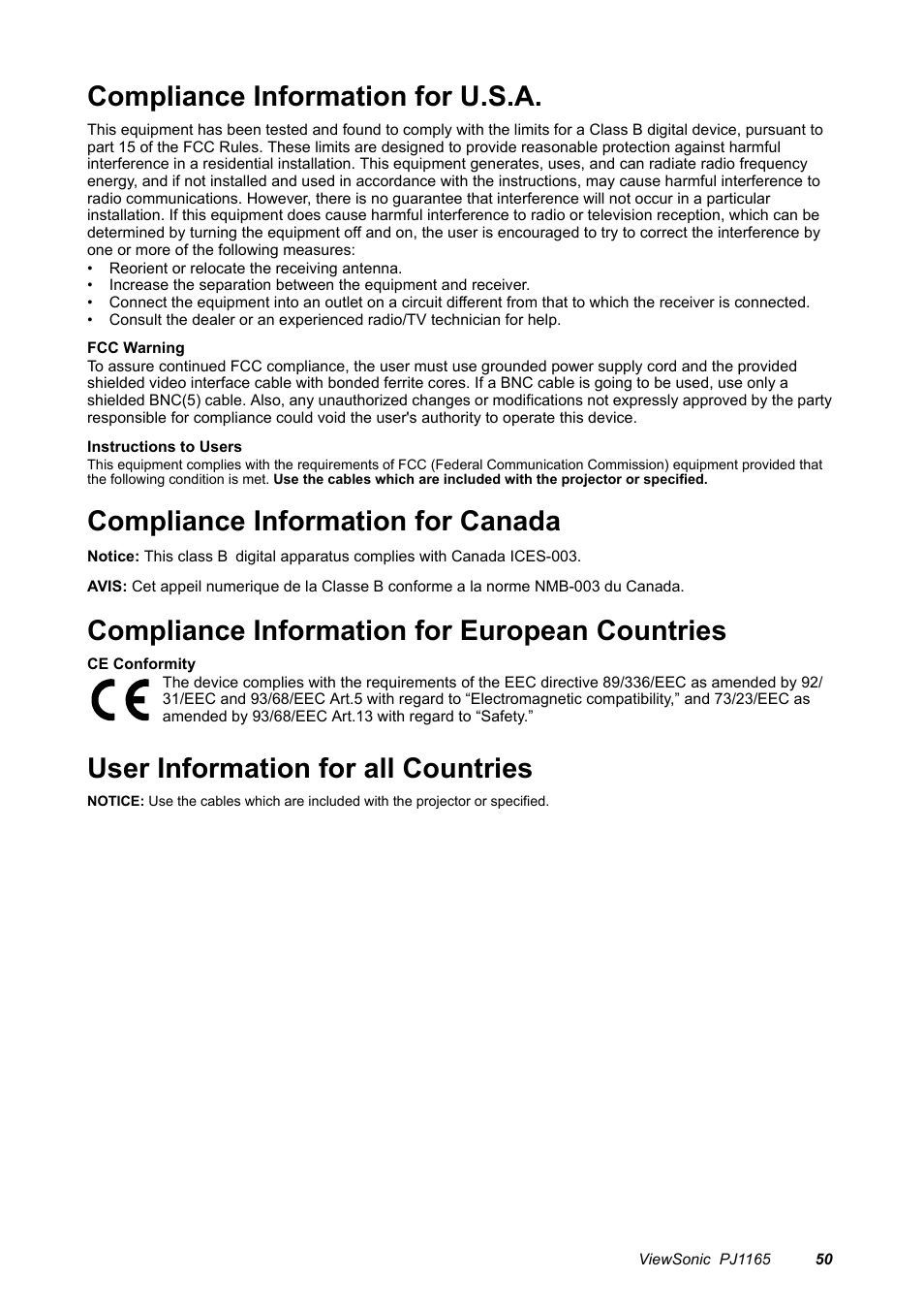 Compliance information for u.s.a, Compliance information for canada, Compliance information for european countries | User information for all countries | VIEWSONIC PJ1165 User Manual | Page 51 / 52