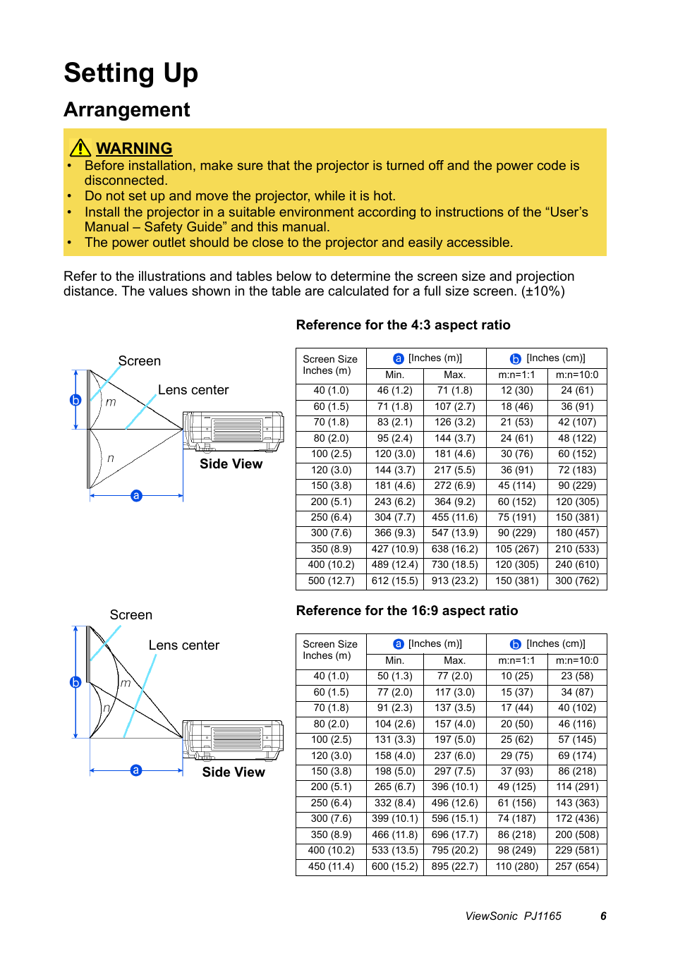 Setting up, Arrangement, Warning | VIEWSONIC PJ1165 User Manual | Page 7 / 52