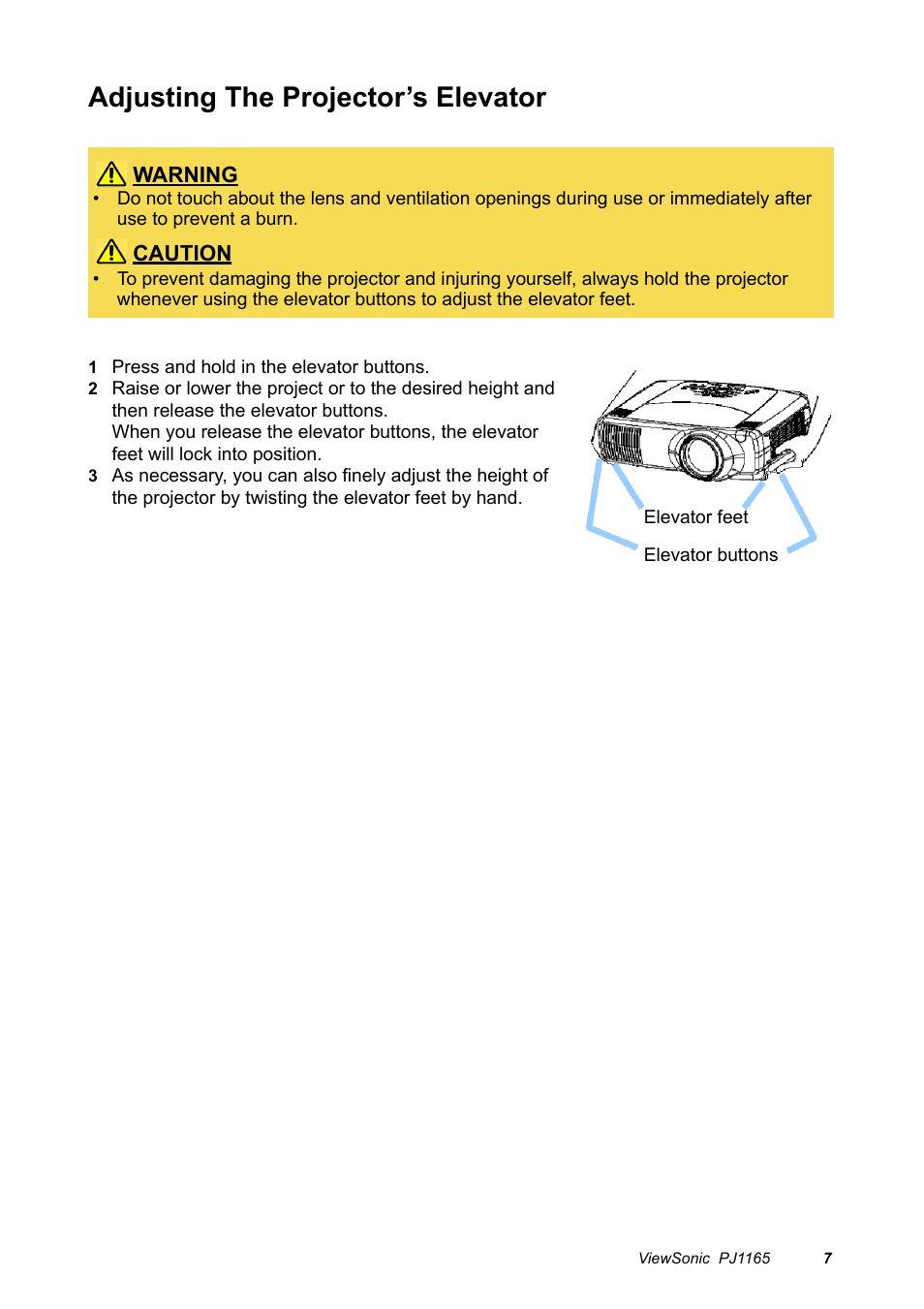 Adjusting the projector’s elevator, Warning, Caution | VIEWSONIC PJ1165 User Manual | Page 8 / 52