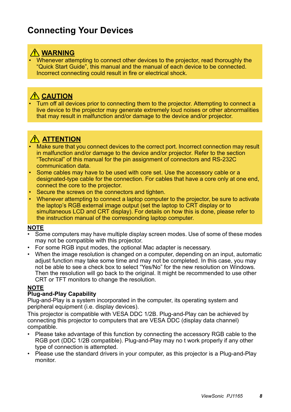 Connecting your devices | VIEWSONIC PJ1165 User Manual | Page 9 / 52