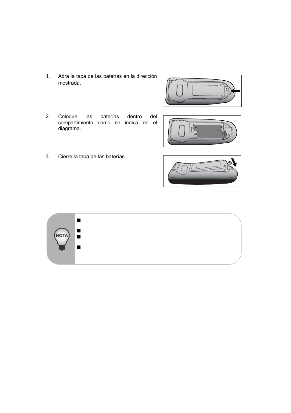 Instalación de las baterías | VIEWSONIC PJ560DC User Manual | Page 14 / 36