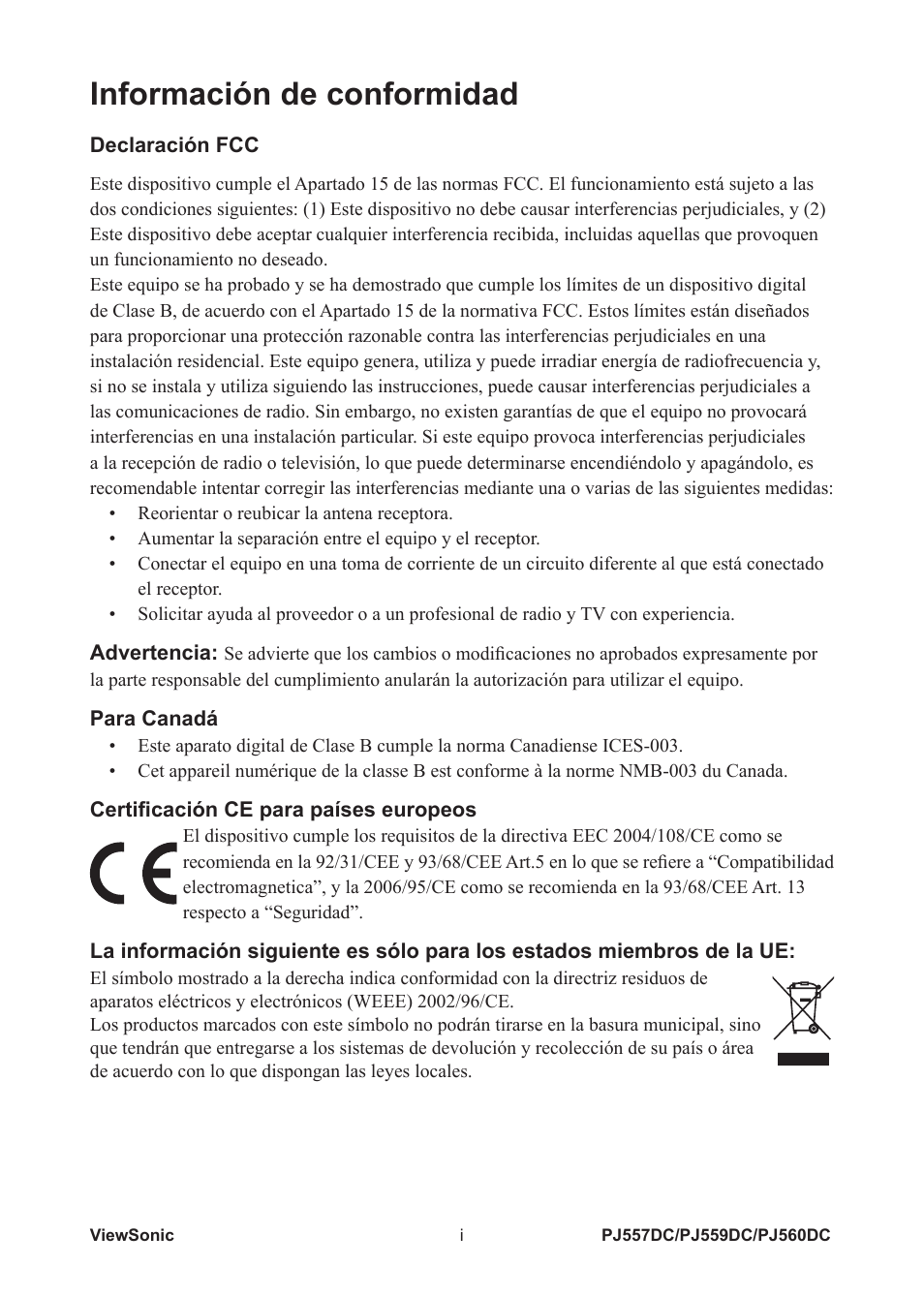 Información de conformidad | VIEWSONIC PJ560DC User Manual | Page 2 / 36