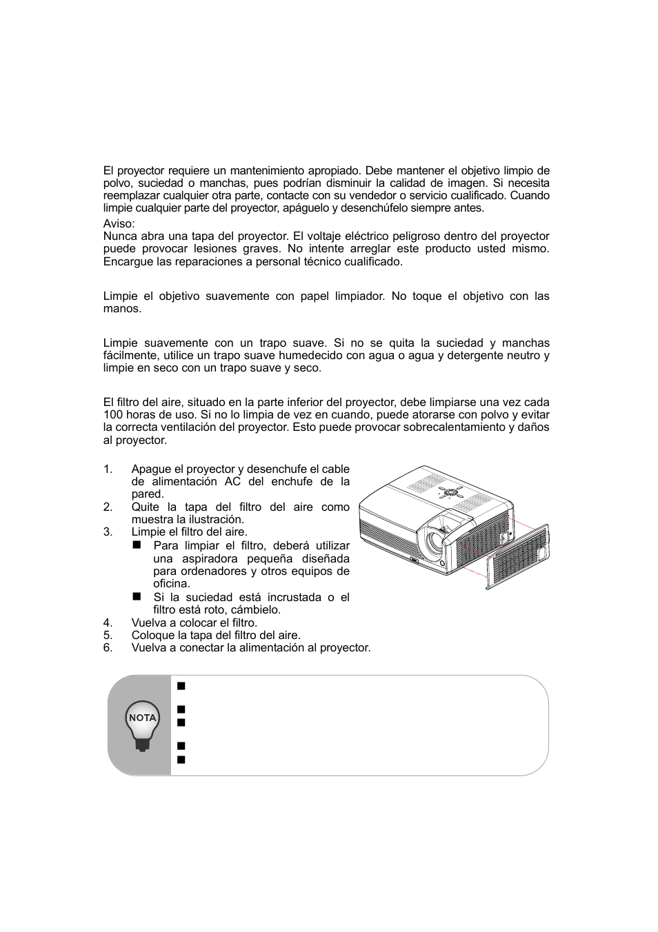 Mantenimiento, Limpieza del objetivo, Limpieza de la cubierta del proyector | Limpieza del filtro del aire | VIEWSONIC PJ560DC User Manual | Page 24 / 36