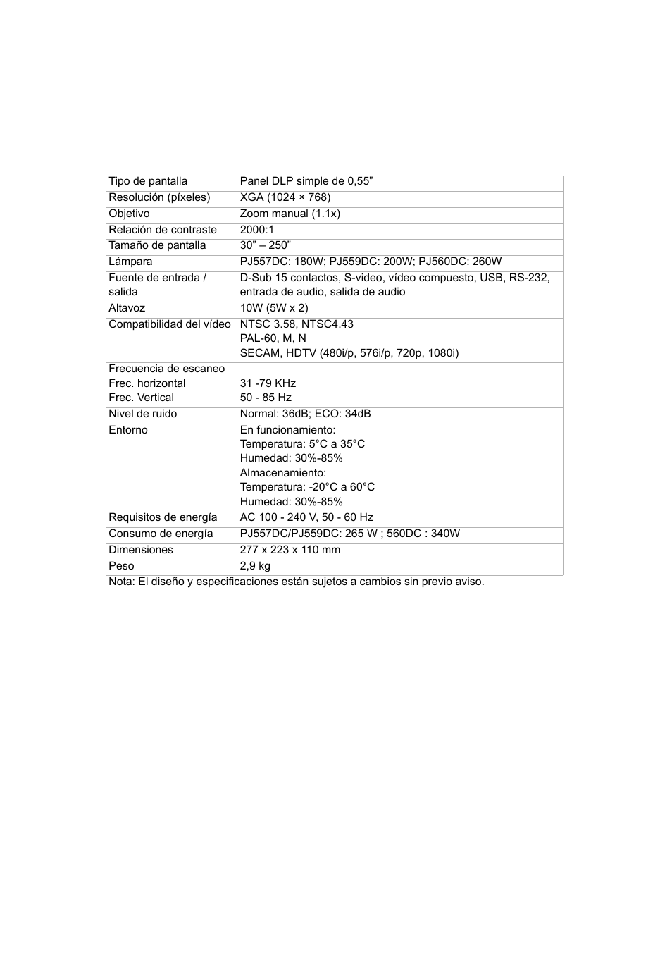 Especificaciones | VIEWSONIC PJ560DC User Manual | Page 27 / 36