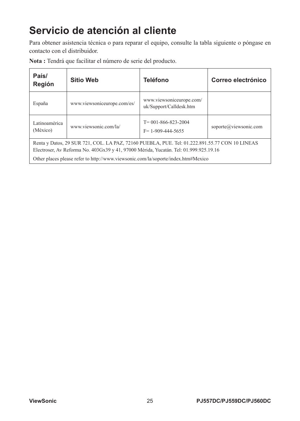 Servicio de atención al cliente | VIEWSONIC PJ560DC User Manual | Page 31 / 36