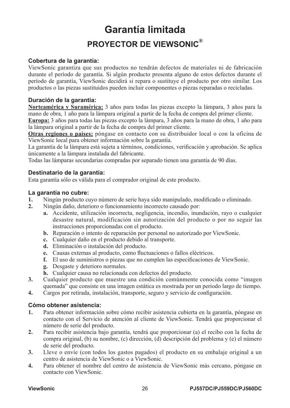 Garantía limitada, Proyector de viewsonic | VIEWSONIC PJ560DC User Manual | Page 32 / 36