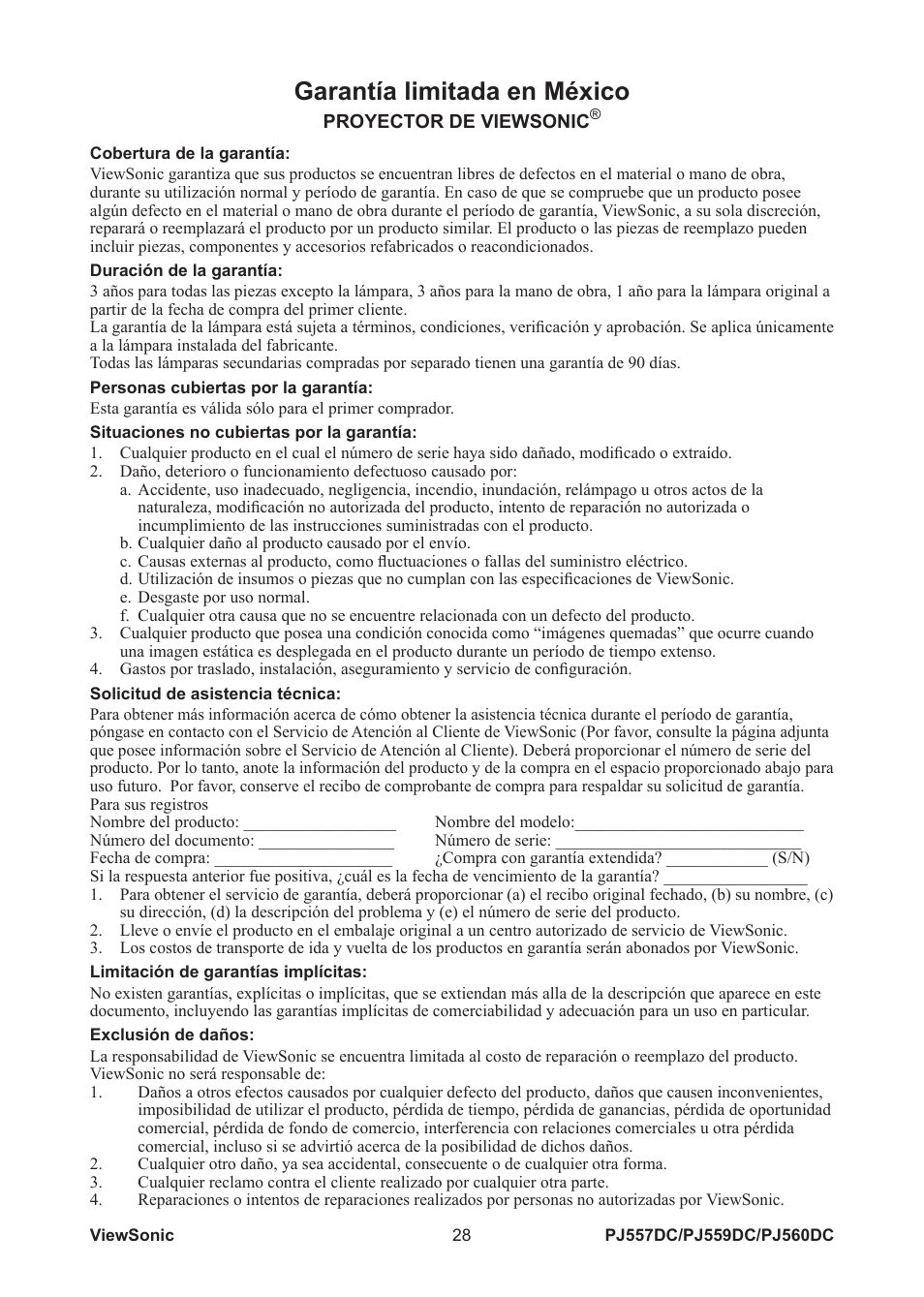 Garantía limitada en méxico | VIEWSONIC PJ560DC User Manual | Page 34 / 36