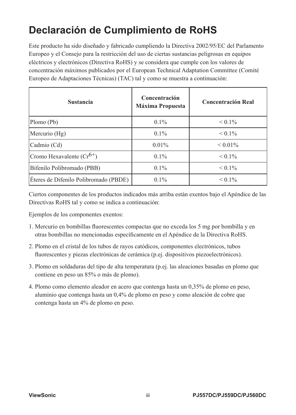 Declaración de cumplimiento de rohs | VIEWSONIC PJ560DC User Manual | Page 4 / 36