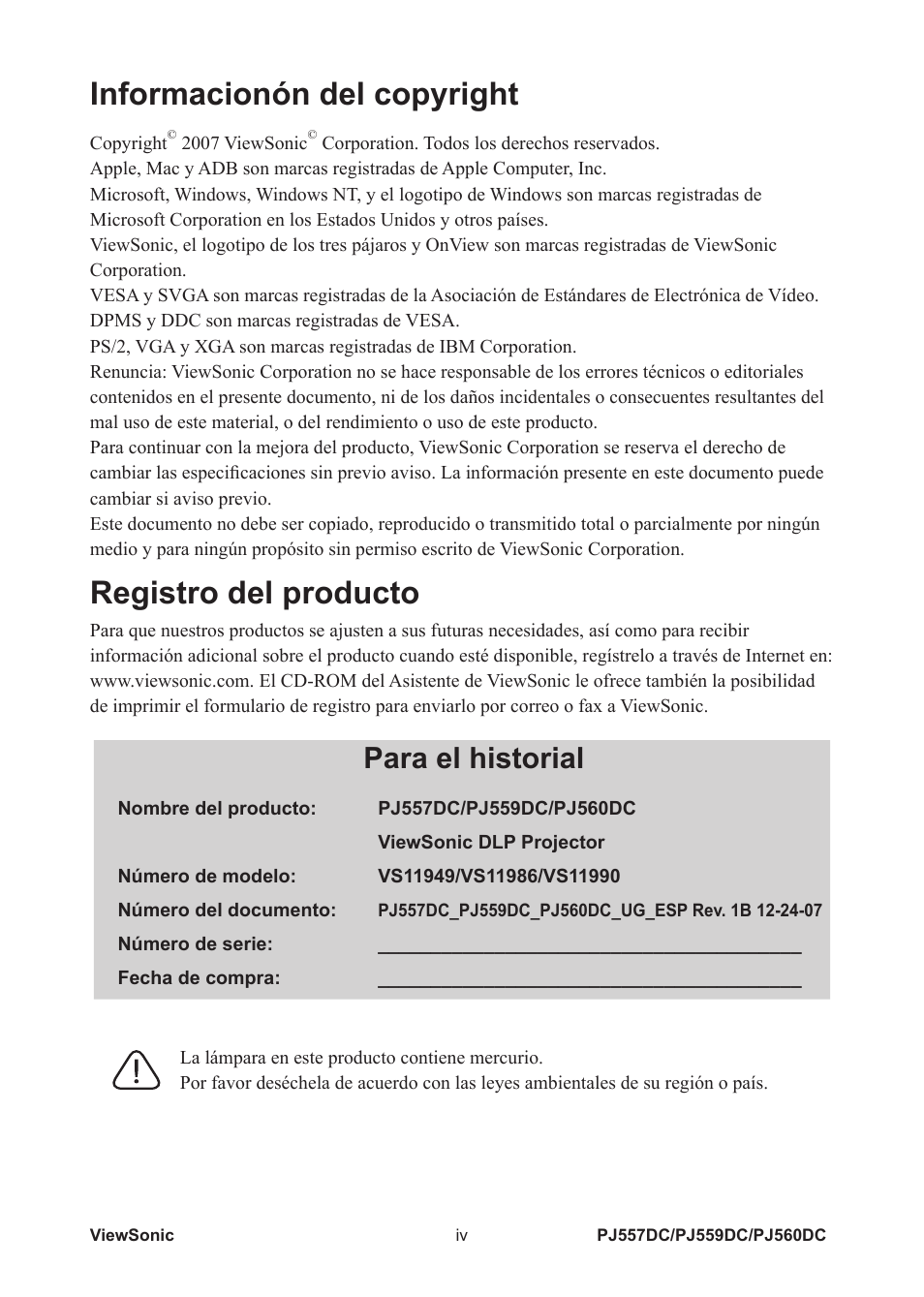 Informacionón del copyright, Registro del producto, Para el historial | VIEWSONIC PJ560DC User Manual | Page 5 / 36