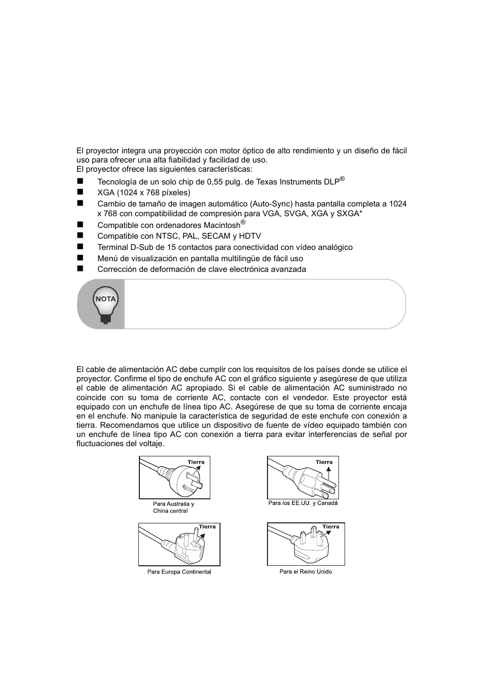 Ntroducción, Características del proyector, Notas sobre el cable de alimentación ac | VIEWSONIC PJ560DC User Manual | Page 7 / 36