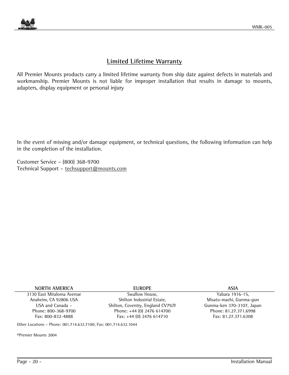 Warranty, Contact premier mounts, Limited lifetime warranty | VIEWSONIC WMK-005 User Manual | Page 20 / 20