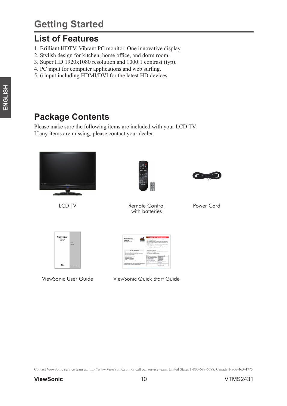 Getting started, Package contents, List of features | VIEWSONIC VTMS2431 User Manual | Page 15 / 63