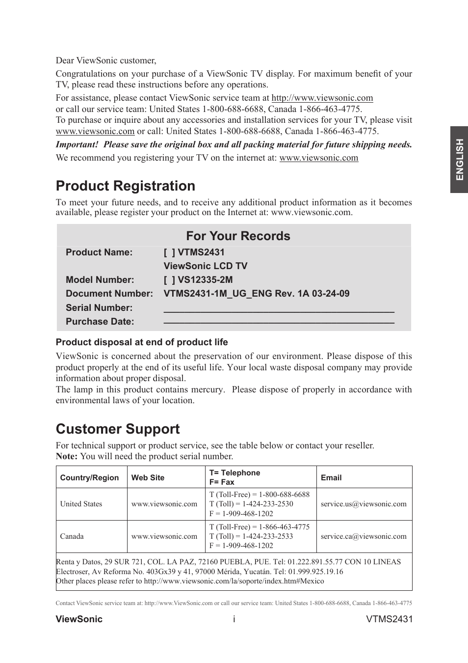 Customer support, Product registration, For your records | VIEWSONIC VTMS2431 User Manual | Page 2 / 63