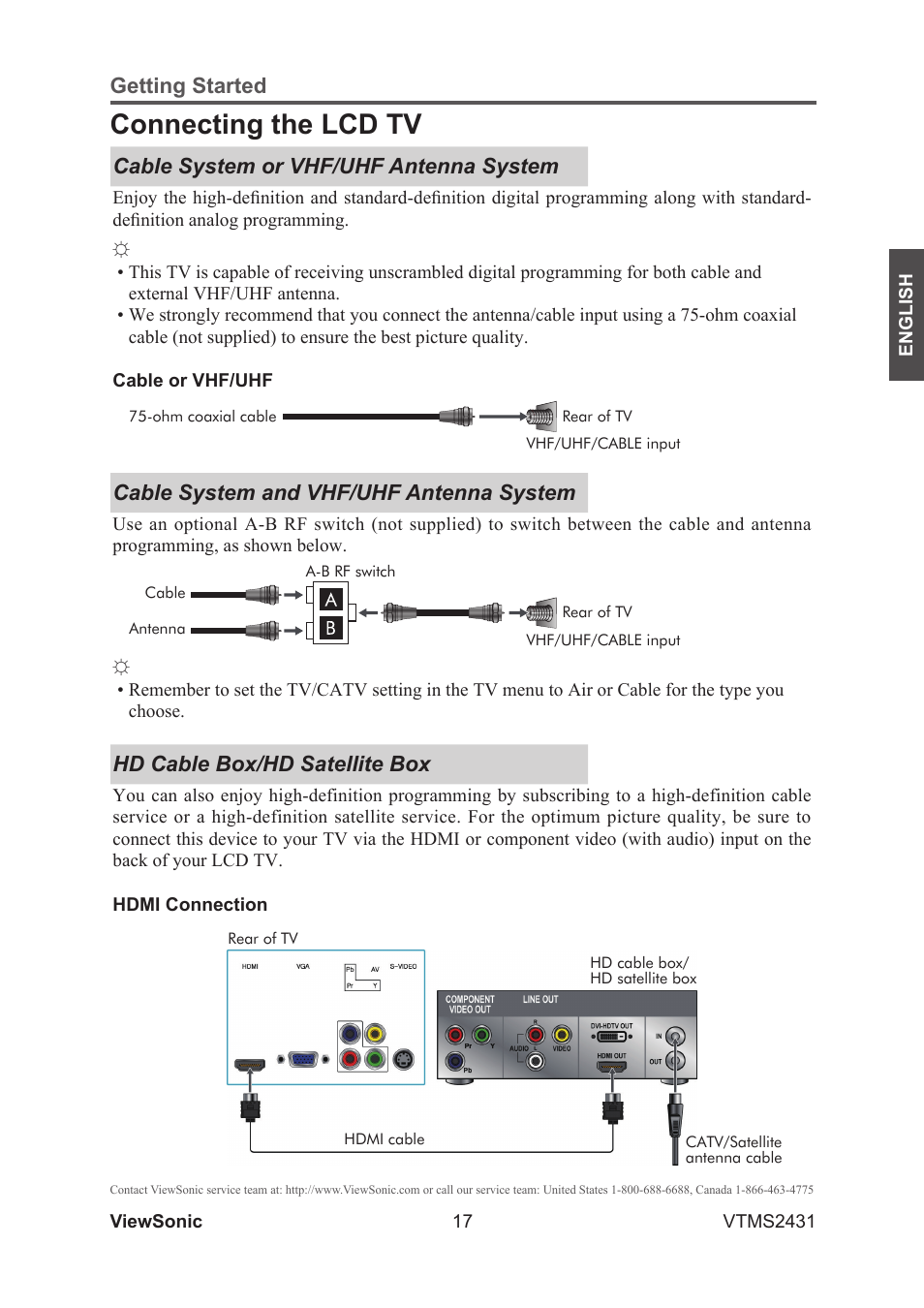 Connecting the lcd tv, Cable system and vhf/uhf antenna system, Hd cable box/hd satellite box | VIEWSONIC VTMS2431 User Manual | Page 22 / 63