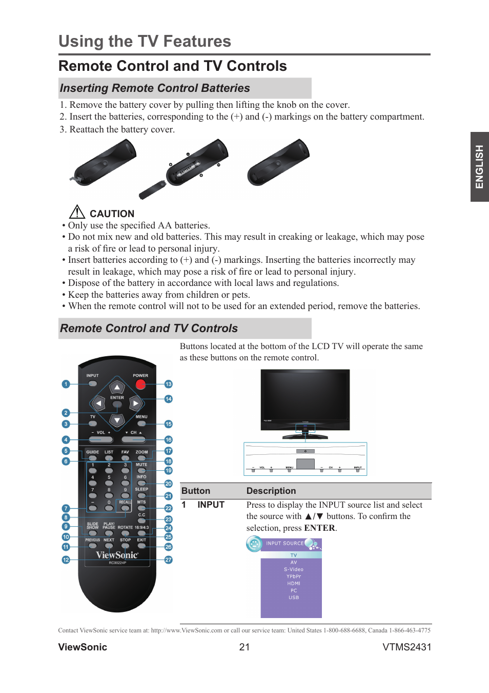 Using the tv features, Remote control and tv controls | VIEWSONIC VTMS2431 User Manual | Page 26 / 63