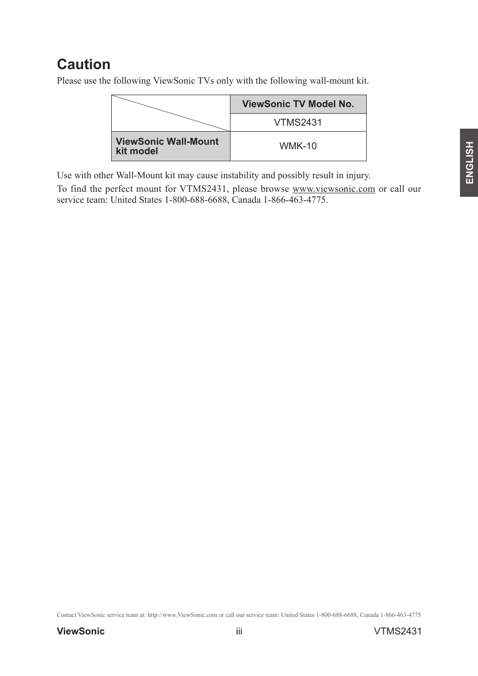 Caution | VIEWSONIC VTMS2431 User Manual | Page 4 / 63