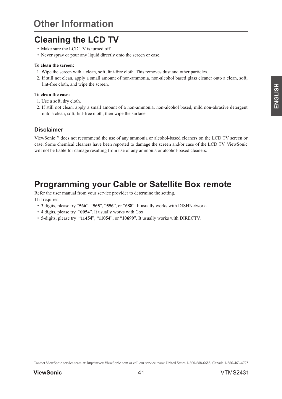 Other information, Cleaning the lcd tv, Programming your cable or satellite box remote | VIEWSONIC VTMS2431 User Manual | Page 46 / 63