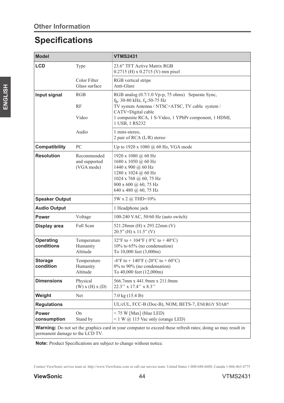 Specifications, Other information | VIEWSONIC VTMS2431 User Manual | Page 49 / 63