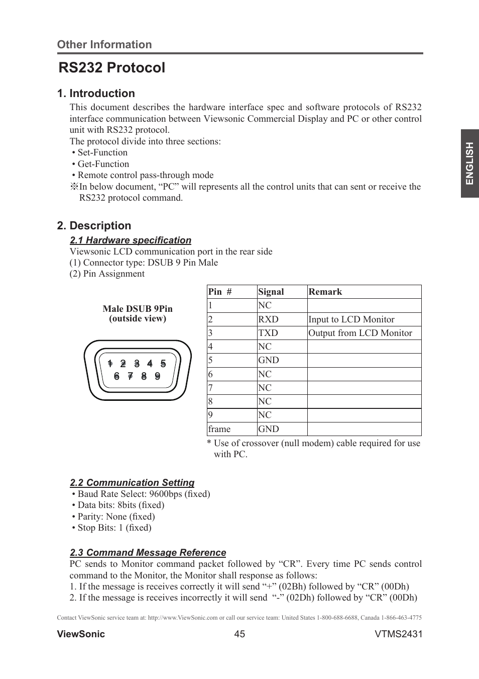 Rs232 protocol | VIEWSONIC VTMS2431 User Manual | Page 50 / 63