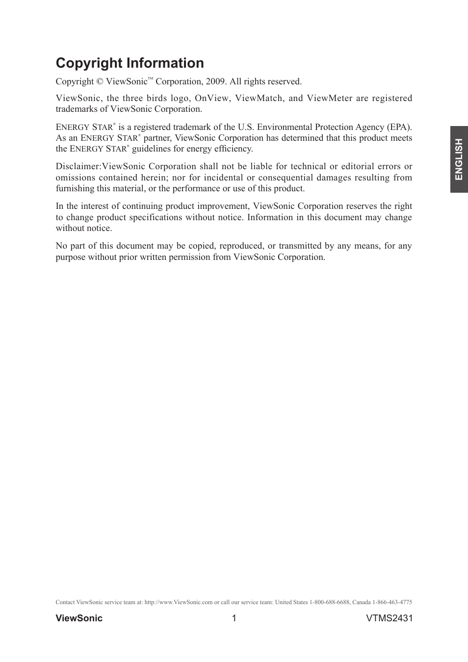 Copyright information | VIEWSONIC VTMS2431 User Manual | Page 6 / 63