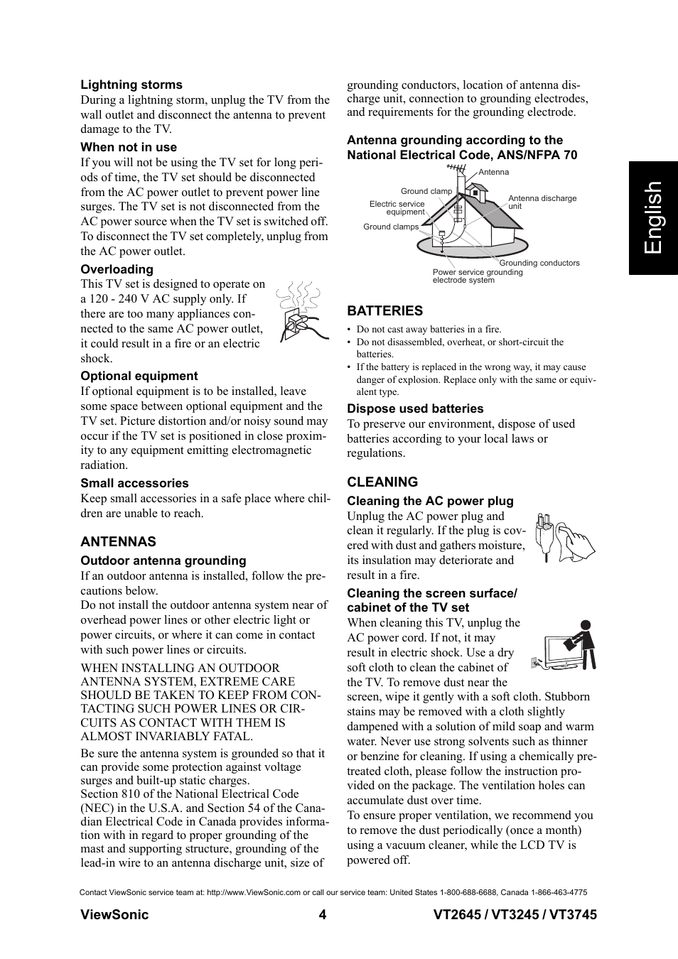 Antennas, Batteries, Cleaning | Antennas batteries cleaning, English | VIEWSONIC VS12675-1M User Manual | Page 10 / 55