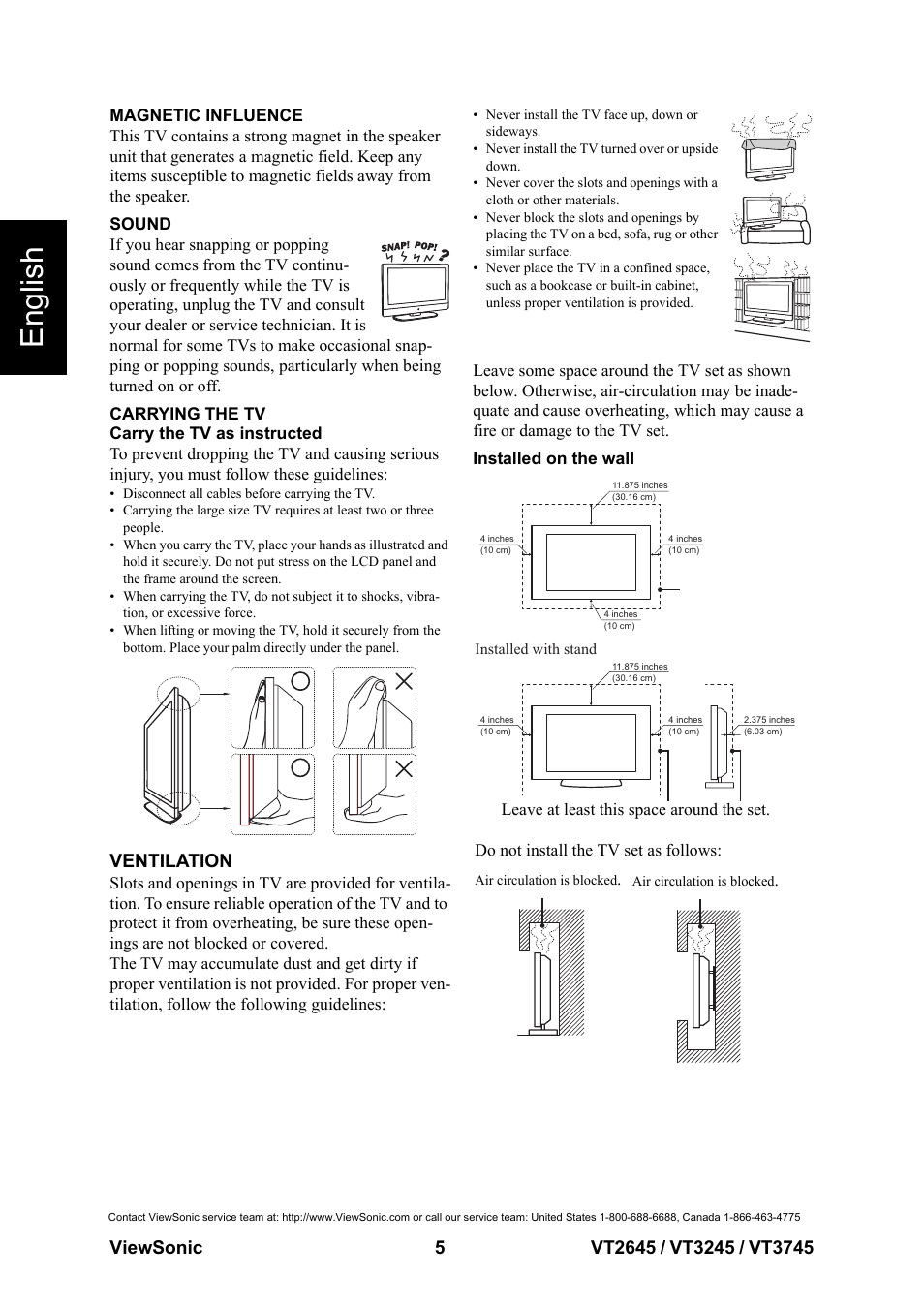 English, Ventilation | VIEWSONIC VS12675-1M User Manual | Page 11 / 55