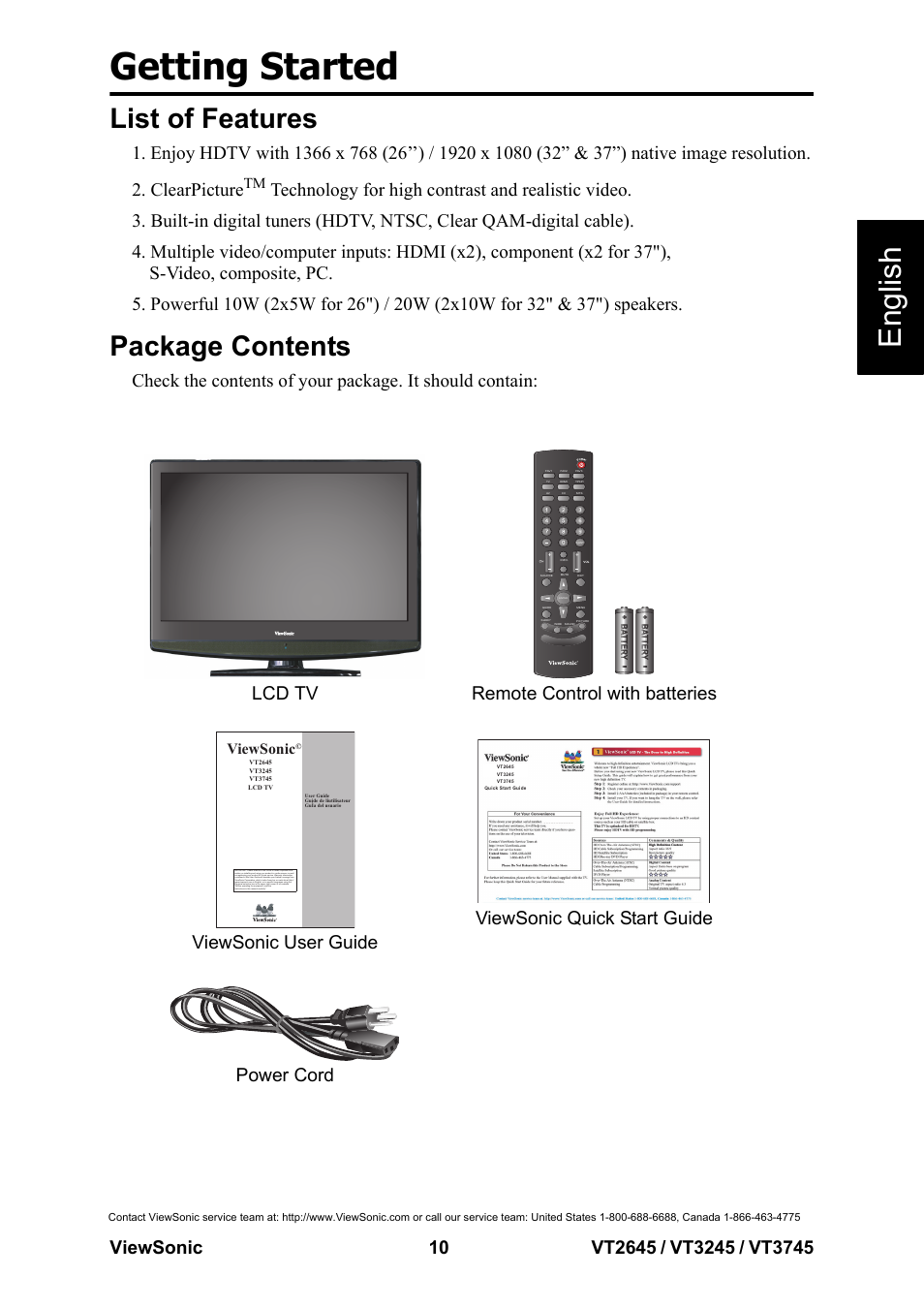 List of features, Package contents, List of features package contents | Getting started, English, Viewsonic | VIEWSONIC VS12675-1M User Manual | Page 16 / 55
