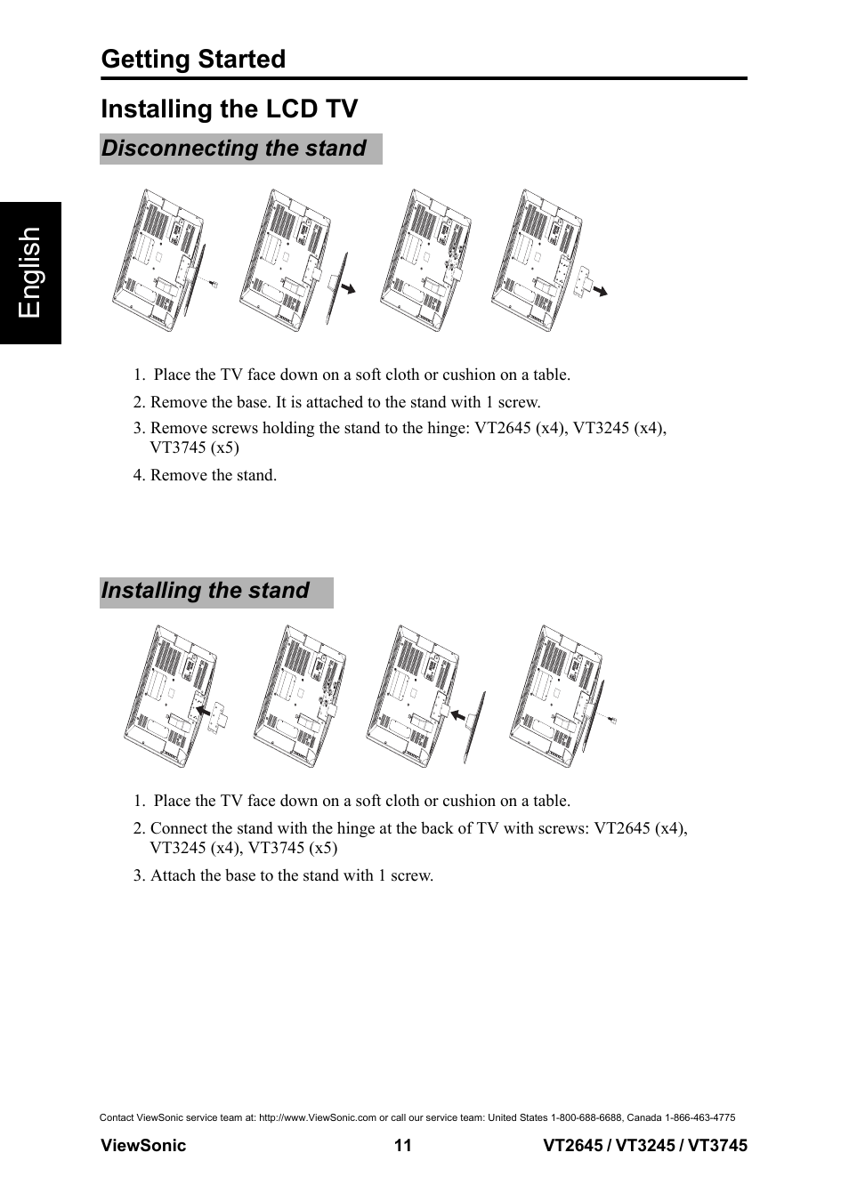 Installing the lcd tv, Disconnecting the stand, Installing the stand | Disconnecting the stand installing the stand, English, Getting started | VIEWSONIC VS12675-1M User Manual | Page 17 / 55