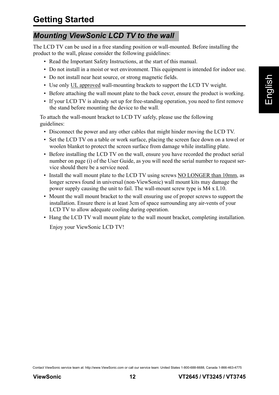 Mounting viewsonic lcd tv to the wall, English, Getting started | VIEWSONIC VS12675-1M User Manual | Page 18 / 55