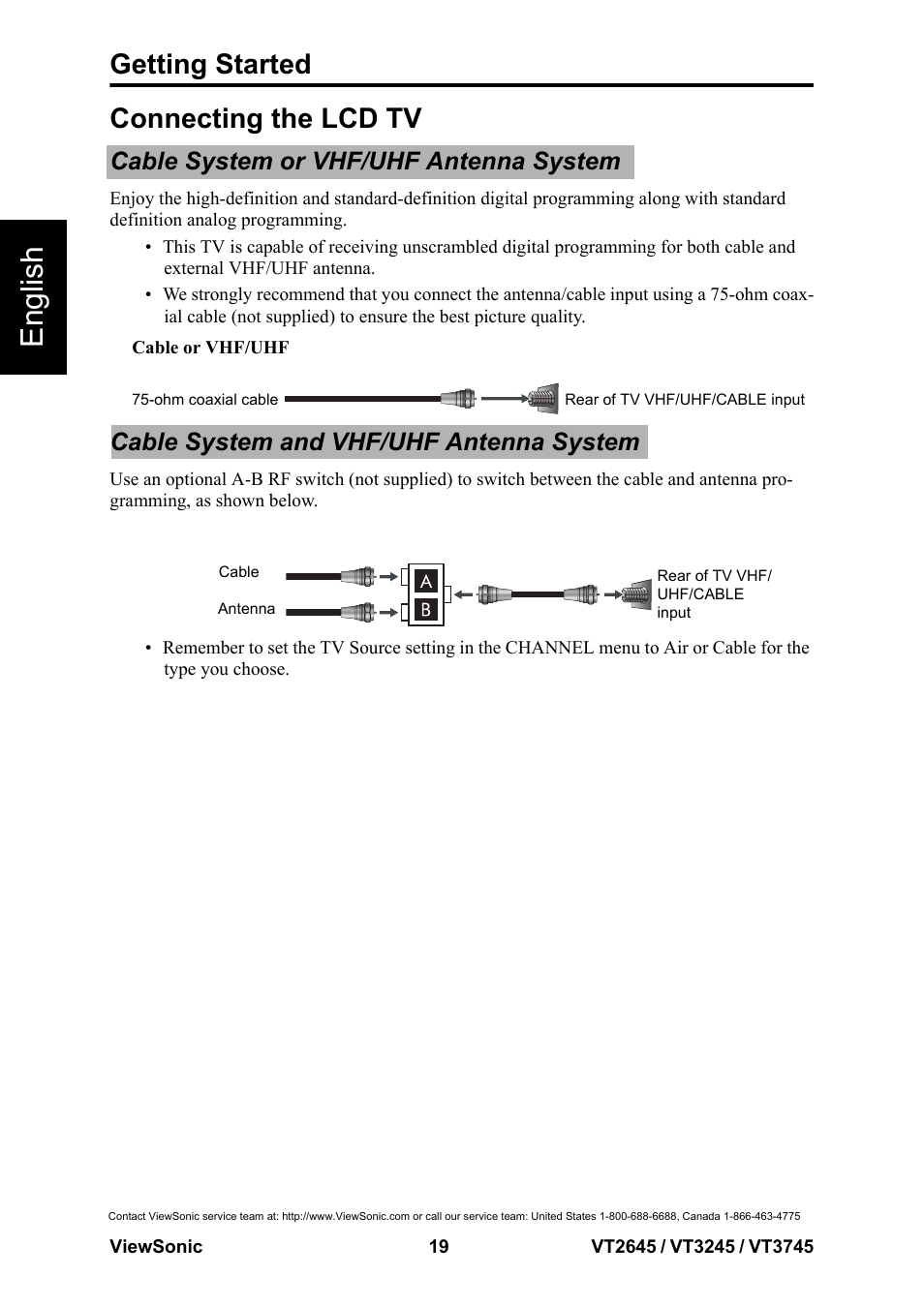 Connecting the lcd tv, Cable system or vhf/uhf antenna system, Cable system and vhf/uhf antenna system | English, Getting started | VIEWSONIC VS12675-1M User Manual | Page 25 / 55