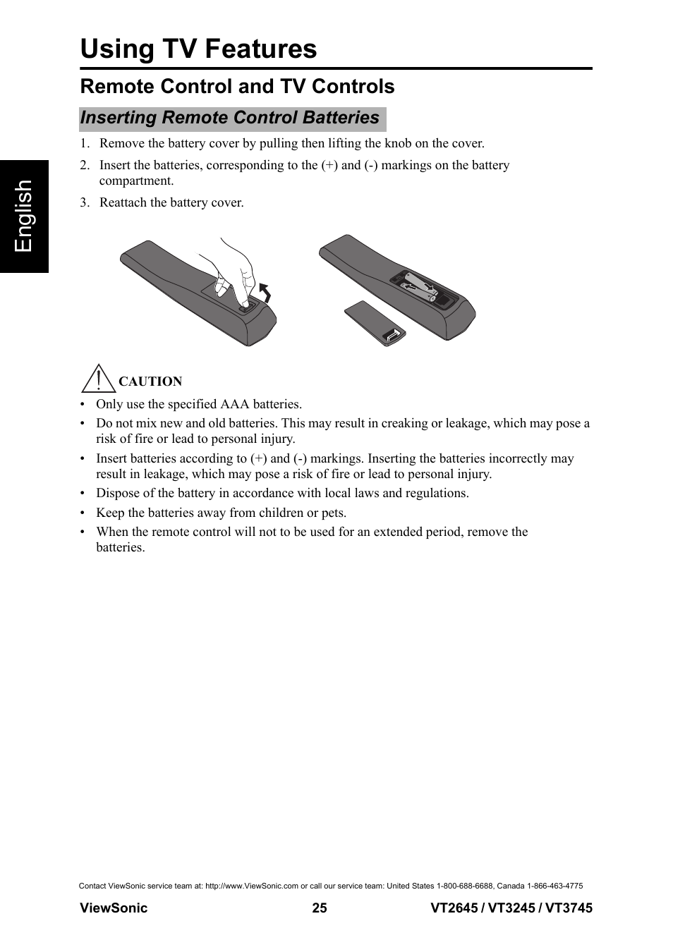 Remote control and tv controls, Inserting remote control batteries, Using tv features | English | VIEWSONIC VS12675-1M User Manual | Page 31 / 55