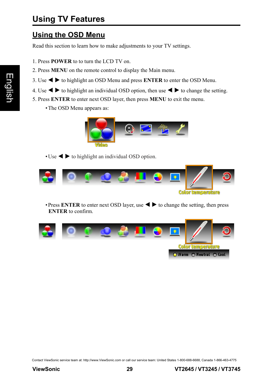 English, Using tv features, Using the osd menu | VIEWSONIC VS12675-1M User Manual | Page 35 / 55