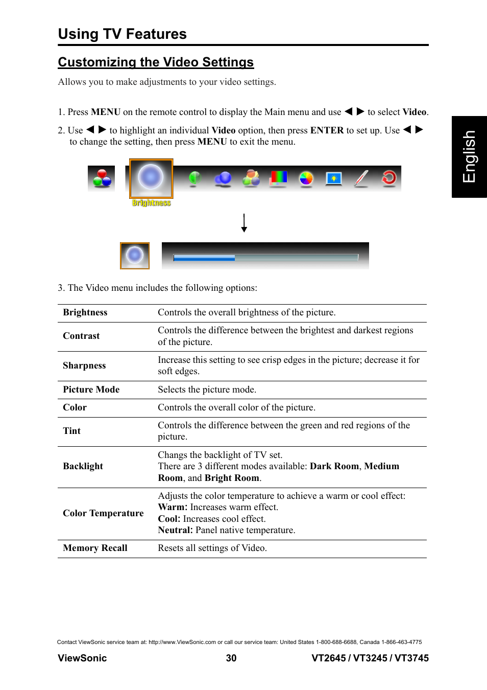 English, Using tv features, Customizing the video settings | VIEWSONIC VS12675-1M User Manual | Page 36 / 55