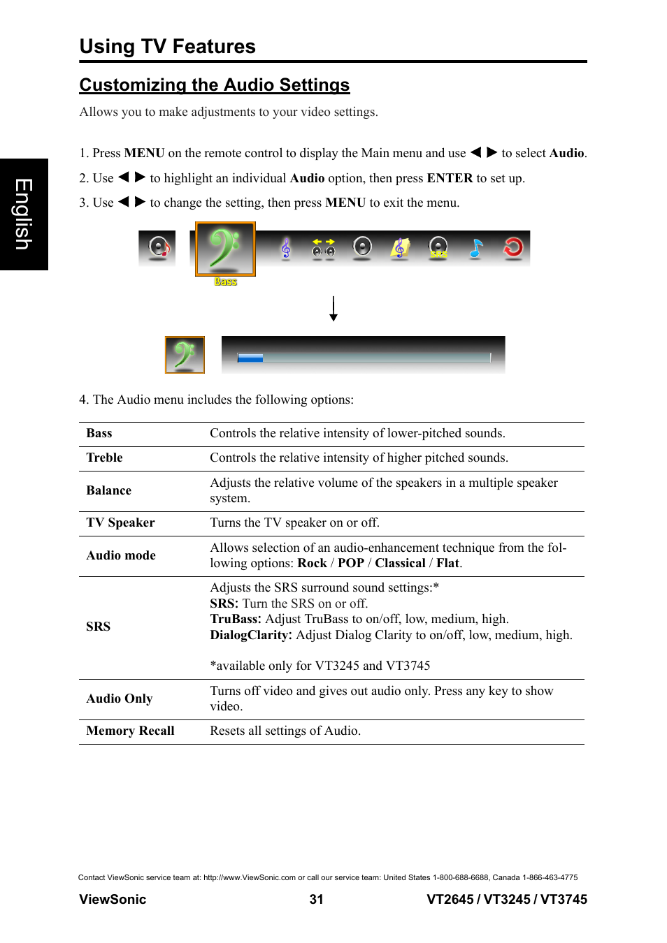 English, Using tv features, Customizing the audio settings | VIEWSONIC VS12675-1M User Manual | Page 37 / 55