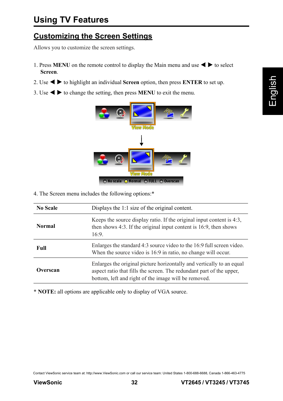 English, Using tv features, Customizing the screen settings | VIEWSONIC VS12675-1M User Manual | Page 38 / 55