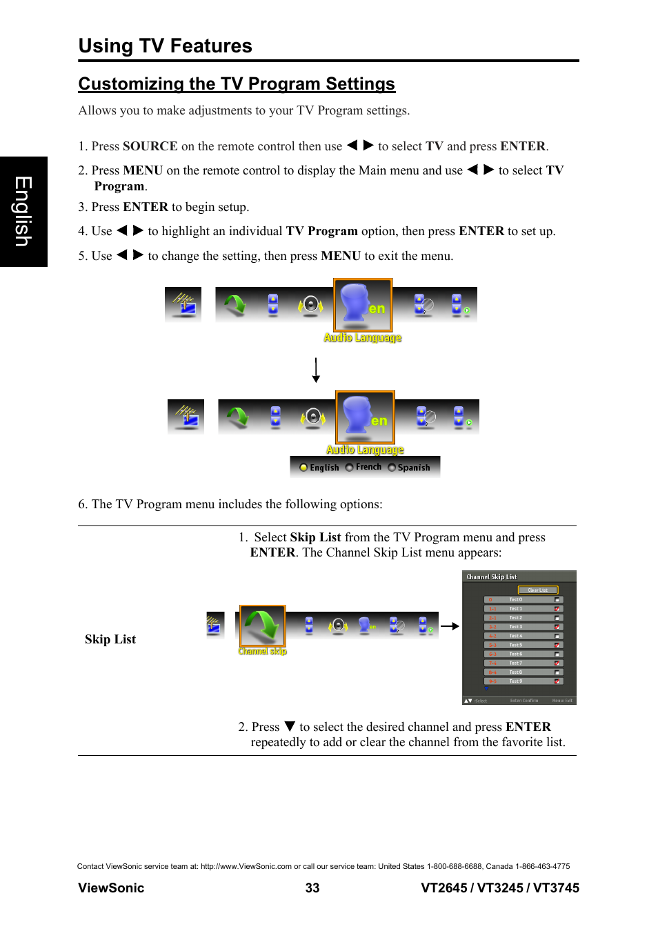 English, Using tv features, Customizing the tv program settings | VIEWSONIC VS12675-1M User Manual | Page 39 / 55