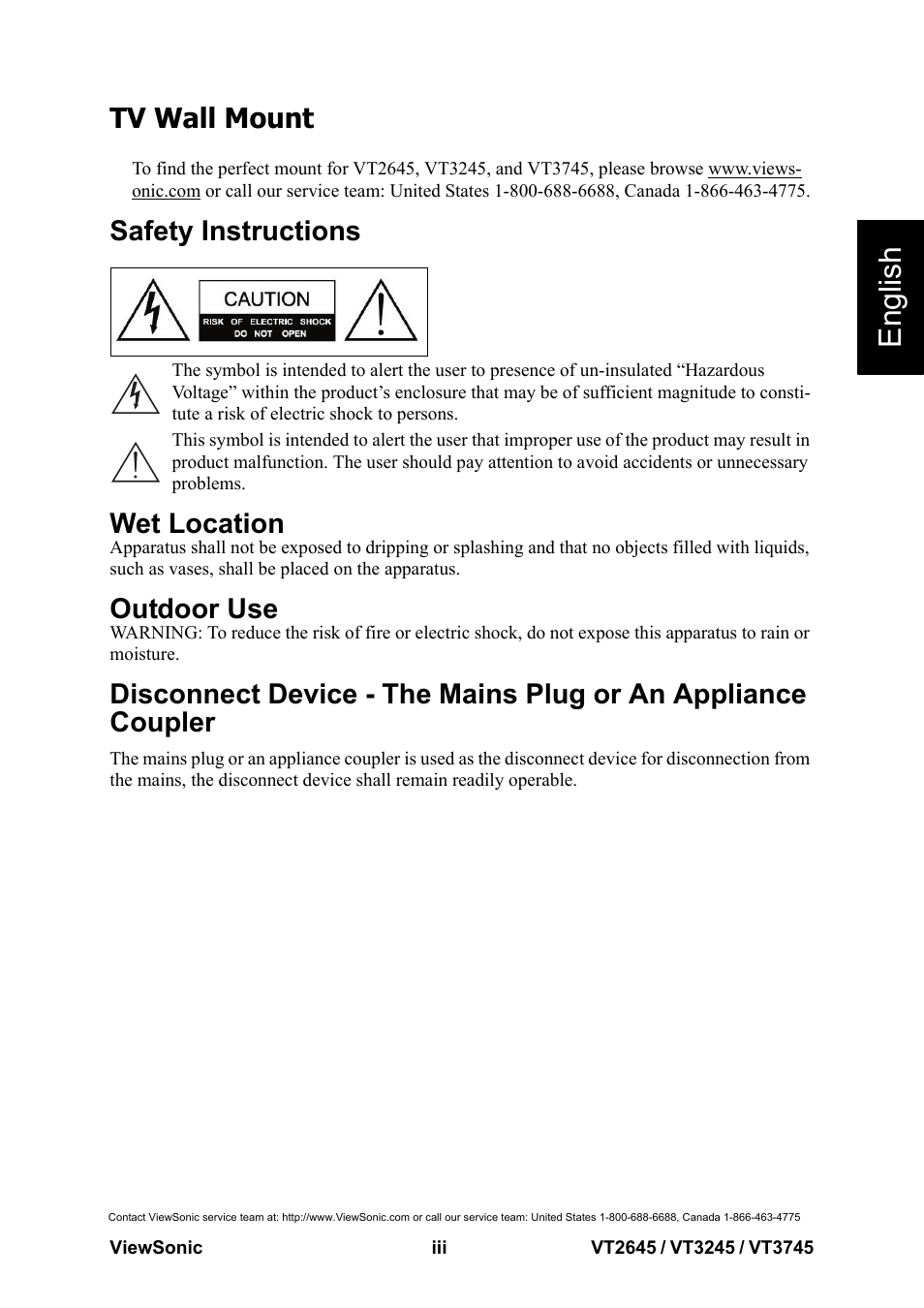Safety instructions, Wet location, Outdoor use | English, Tv wall mount | VIEWSONIC VS12675-1M User Manual | Page 4 / 55