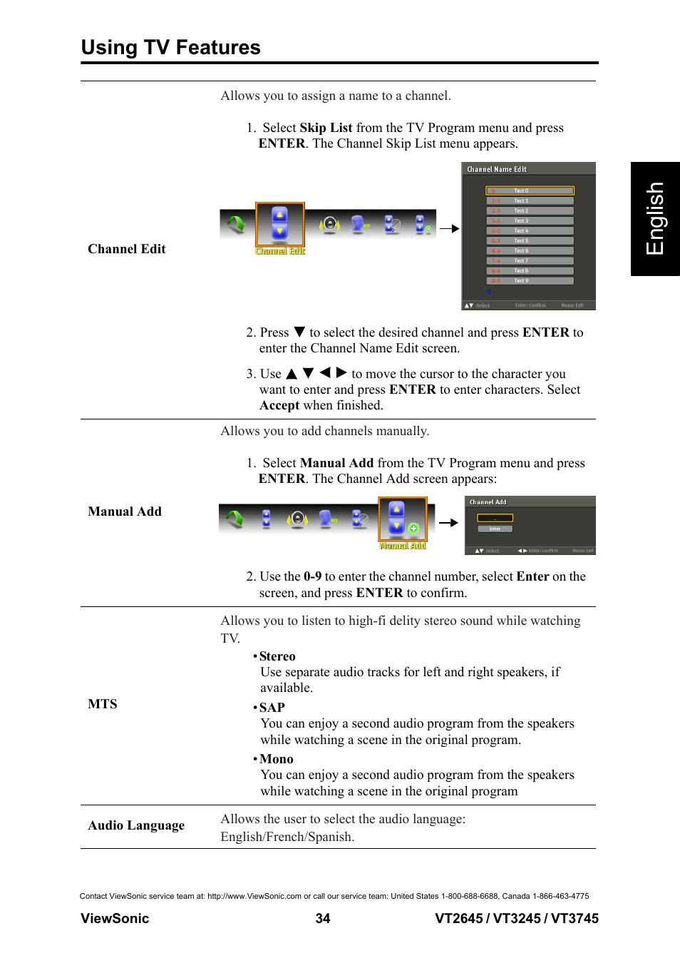 English, Using tv features | VIEWSONIC VS12675-1M User Manual | Page 40 / 55