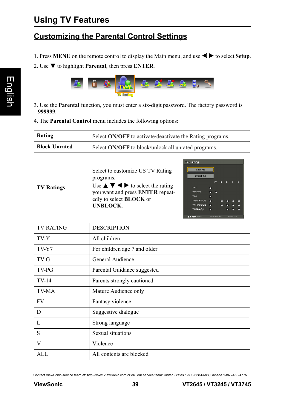 English, Using tv features, Customizing the parental control settings | VIEWSONIC VS12675-1M User Manual | Page 45 / 55