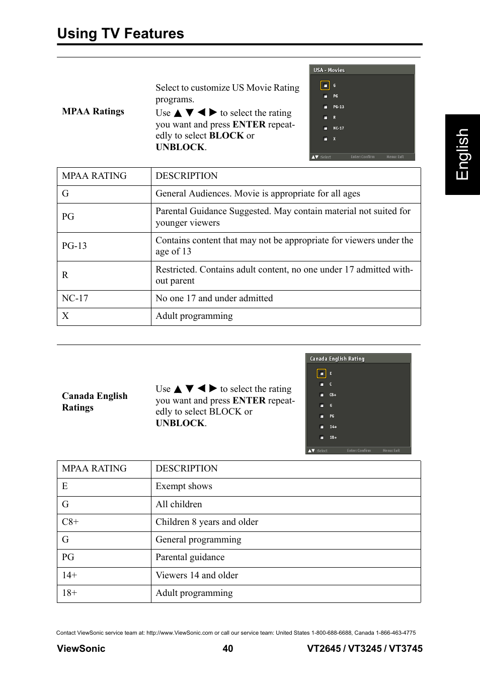 English, Using tv features | VIEWSONIC VS12675-1M User Manual | Page 46 / 55
