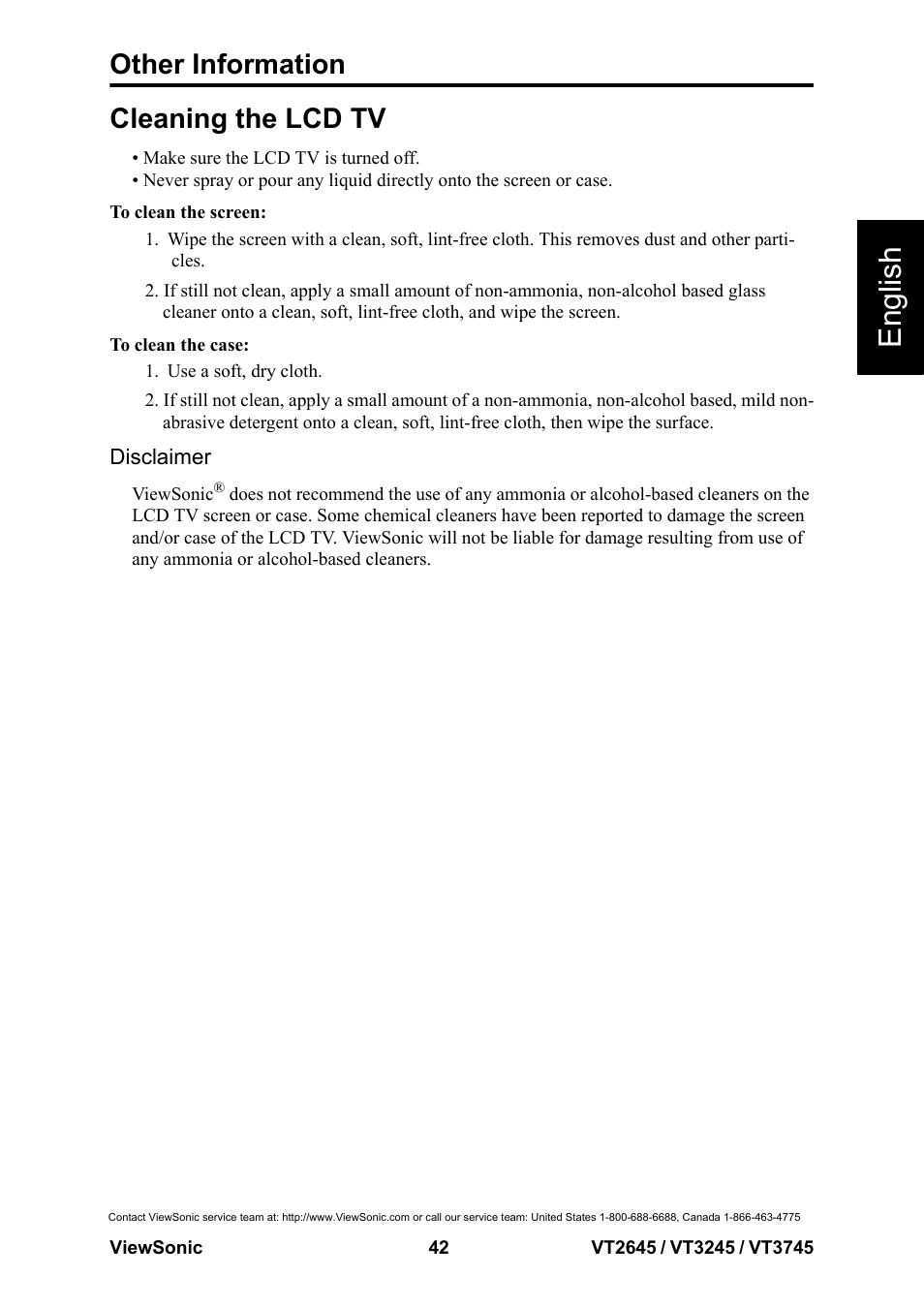 Cleaning the lcd tv, To clean the screen, To clean the case | Disclaimer, To clean the screen: to clean the case: disclaimer, English, Other information | VIEWSONIC VS12675-1M User Manual | Page 48 / 55