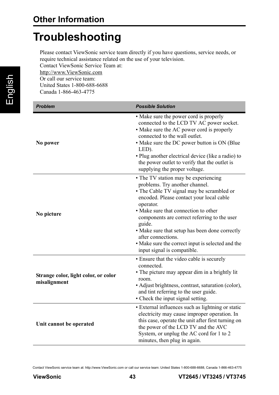 Troubleshooting, English, Other information | VIEWSONIC VS12675-1M User Manual | Page 49 / 55