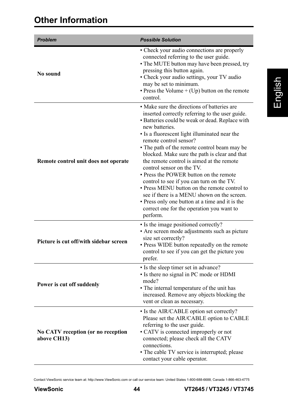 English, Other information | VIEWSONIC VS12675-1M User Manual | Page 50 / 55
